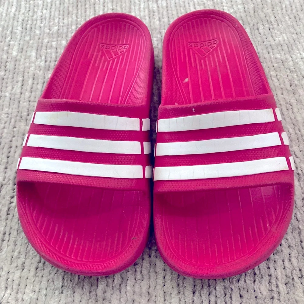 Adidas K13 Hot Pink And White Slide Sandals Youth Size 13 Athletic Summer